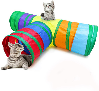 HASTHIP 3 Way Rainbow Tunnel Cat Toys Pet Tube Collapsible Play Toy Kitten Toys Polyester Training Aid For Cat