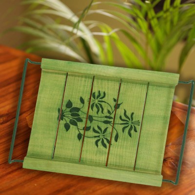 AFU Metal Handle Wooden Carving Serving Tray for Dinning Table, Home & Office Multipurpose Use (14 x 11 inch, with Coated Iron Handle) Green Tray