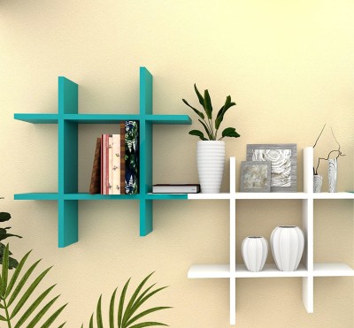 Amaze Shoppee Exclusive Designed Hashtag Floating Wall Mount Shelf Display Shelves Storage Organizer for Wall Decoration of Your Home Living Room, Bed Room, Office (Pack of 2, Turquoise & White) Wooden Wall Shelf(Number of Shelves - 4, Blue, White)