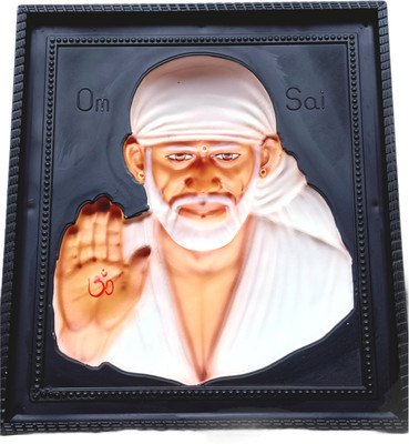 om sai toys Sai Baba 3D Photo Frame Synthetic Wood/Painting for Temple and Home Decor (White, 8 x 10 inch) Religious Frame