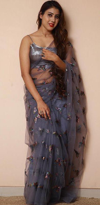 JAKSH FASHION Self Design Bollywood Net Saree(Grey)