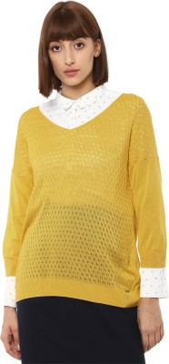 VAN HEUSEN Self Design Round Neck Casual Women Yellow Sweater