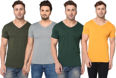 Jaskart Solid Men V Neck Dark Green, Grey, Yellow T-Shirt