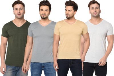 Jaskart Solid Men V Neck Dark Green, Beige, Grey T-Shirt