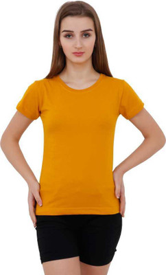 Leemarts Solid Women Round Neck Yellow T-Shirt