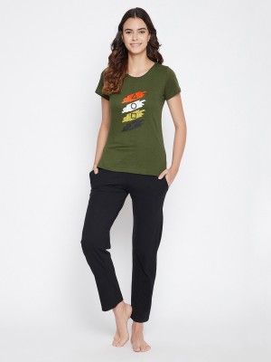 Clovia Printed Women Round Neck Green T-Shirt