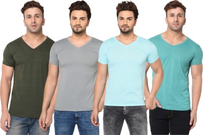 Tivy Solid Men V Neck Light Blue, Dark Green, Grey T-Shirt