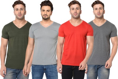 Jaskart Solid Men V Neck Dark Green, Red, Grey T-Shirt