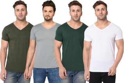 Jaskart Solid Men V Neck Dark Green, White, Grey T-Shirt