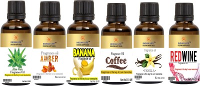 indianlife Pure Smell Fragrance Oil Combo With Aloe Vera- Amber-Banana-Coffee-Vanilla-Redwine For Bathbomb||Handmade Soap|Spa relaxing|Room Fragrance|Meditation|Diffusion 10 Ml each (Pack of 6)(60 ml)