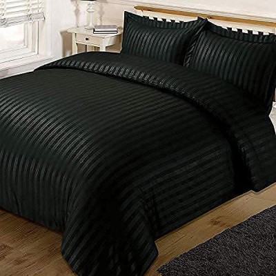 Oshocollection 210 TC Cotton Double Striped Fitted (Elastic) Bedsheet(Pack of 1, Black)
