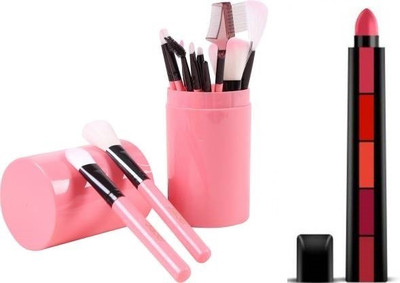 RHV 12 PC PINK BRUSH WITH BOX with 5 in 1 lipstick(Pack of 13)