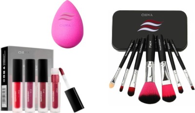 CHIWA Professional 7 Soft Black Makeup Brushes & Red Edition Liquid Matte Lipsticks (pack of 4) with Washable Sponge (3 Items in the set)(3 Items in the set)