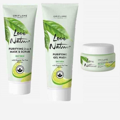 Oriflame LOVE NATURE Purifying Gel Wash, 2-in-1 Mask & Scrub and Mattifying Face Lotion with Organic Tea Tree & Lime (combo of 3)(3 Items in the set)