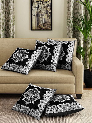 Damask Cushions Cover(Pack of 5, 40.34 cm*40.34 cm, Black)