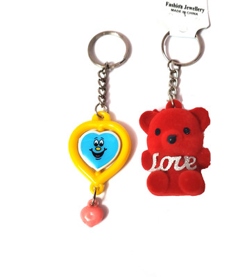 ShopTalk Red Cute Teddy Bear And Heart Smiley Flip both sided Key Chain