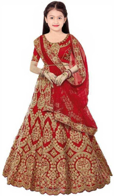 Indian Tulip Girls Lehenga Choli Ethnic Wear Embroidered Lehenga, Choli and Dupatta Set(Red, Pack of 1)