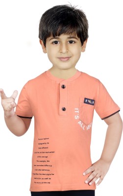 YUSU Boys Printed Cotton Blend Regular T Shirt(Orange, Pack of 1)