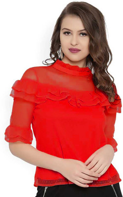 LIME N LEMON Girls Casual Net Top(Red, Pack of 1)