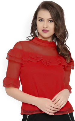 LIME N LEMON Girls Casual Net Top(Red, Pack of 1)