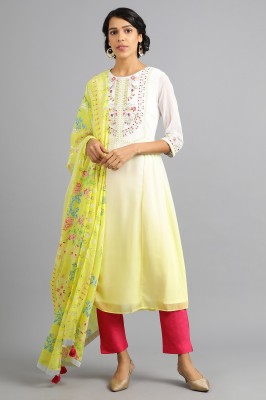 WISHFUL by W Women Self Design Straight Kurta(Yellow)