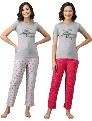ANIXA Women Printed Grey, Pink Top & Pyjama Set