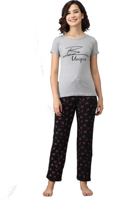 ANIXA Women Printed Grey, Black Top & Pyjama Set