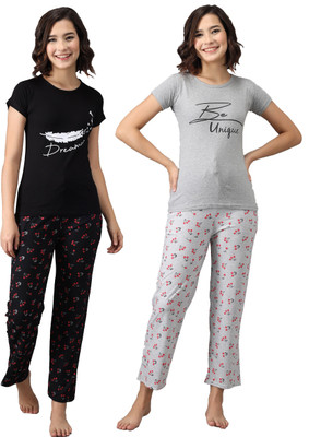 Fit N Fame Women Printed Black, Grey Night Suit Set