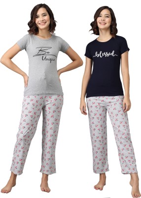 Fit N Fame Women Printed Grey, Dark Blue Top & Pyjama Set