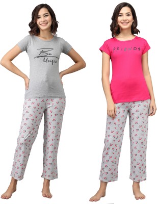 Fit N Fame Women Printed Grey, Pink Top & Pyjama Set