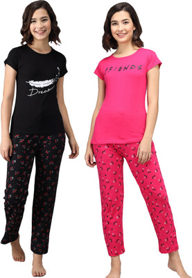 Fit N Fame Women Printed Black, Pink Top & Pyjama Set