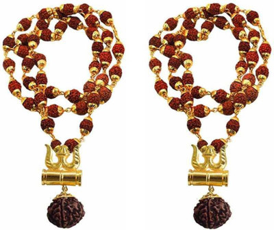 LETNIX Panchmukhi Rudraksha Mala with Trishul Damru Pendant Brass Wood Chain Beads Gold-plated Plated Brass Chain Gold-plated Plated Brass Chain