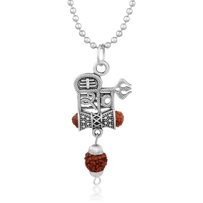 RN Silver Oxidised Plated Brass with Rudraksha, Lord Shiva, Bholenath with Trishul, Shiv in hindi Word, Pendant Locket for Men and women Silver Brass Pendant