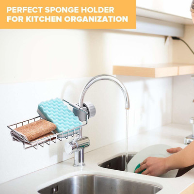 Uratech Practical Home Kitchen Faucet Shelf Snapon Faucet Rack Drain Rack 4 Soap,Sponges(Silver)