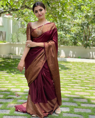 MISILY Printed, Self Design, Digital Print, Embellished, Applique, Solid/Plain Banarasi Silk Blend, Cotton Blend Saree(Maroon)