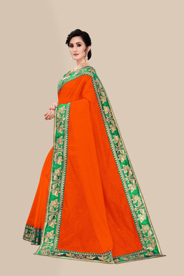 emzo Solid/Plain Jamdani Art Silk Saree(Orange)