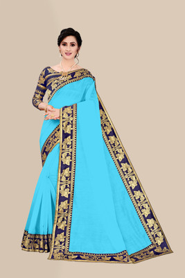 emzo Solid/Plain Jamdani Art Silk Saree(Light Blue)