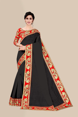 emzo Solid/Plain Bollywood Art Silk Saree(Black)