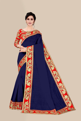 emzo Solid/Plain Jamdani Art Silk Saree(Dark Blue)