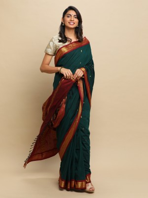 Manvish Drapes Woven Gadwal Cotton Silk Saree(Dark Green, Maroon)