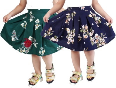 Alisha Moda Floral Print Girls A-line Green, Dark Blue Skirt