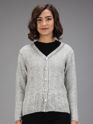 TAB91 Self Design V Neck Casual Women Grey Sweater