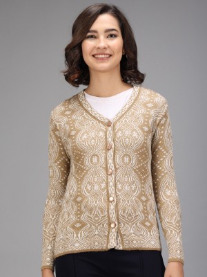 TAB91 Self Design V Neck Casual Women Beige Sweater