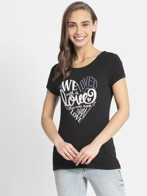 JOCKEY Printed Women Round Neck Black T-Shirt