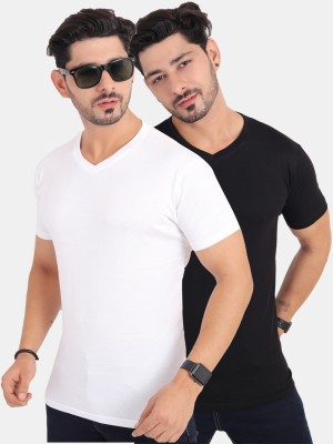Trends Tower Solid Men V Neck White, Black T-Shirt