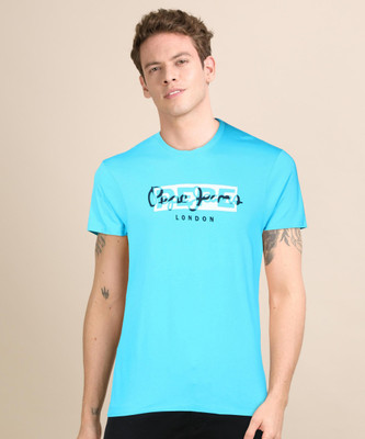 Pepe Jeans Men Printed Round Neck Pure Cotton Blue T-Shirt For Rs. 399 @ 56 %