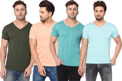 Jangoboy Solid Men V Neck Dark Green, Light Blue, Orange T-Shirt