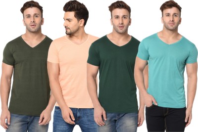 Jangoboy Solid Men V Neck Dark Green, Light Blue, Orange T-Shirt