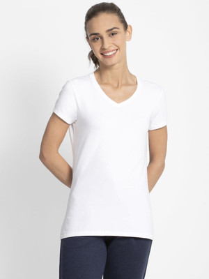 JOCKEY Solid Women V Neck White T-Shirt