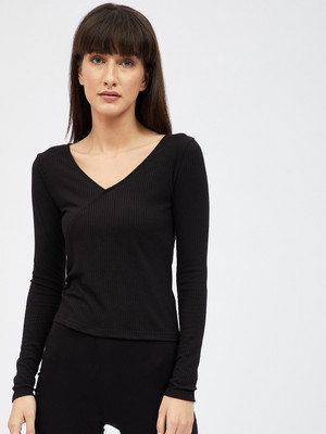 Harpa Basics Casual Solid Women Black Top